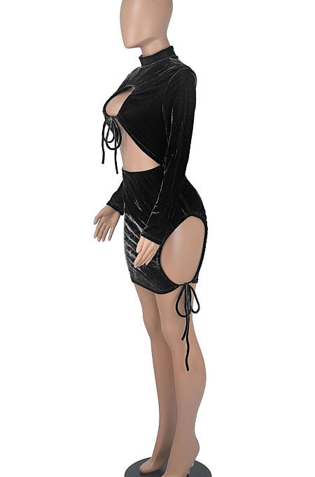 Euramerican Women Solid Color Long Sleeve Velvet Tied Crop Mini Dress WMZ0166