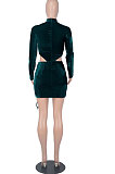 Women Sexy Long Sleeve Dew Waist Ruffle Fashion Velvet Tied Drawsting Mini Dress WMZ2691