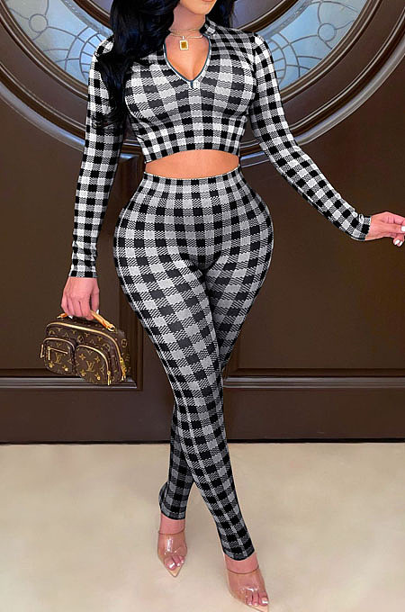 Wholesale Women Plaid Printed Long Sleeve Crop Tops Trousers Slim Fitting Suit E8633