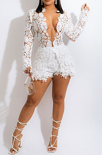 Fashion Sexy Casual Deep V Collar Lace Hollow Out Long Sleeve Shorts Sets CCY9400