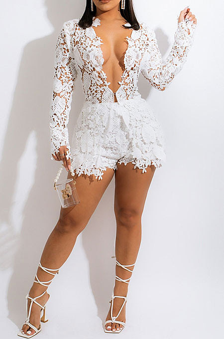 Fashion Sexy Casual Deep V Collar Lace Hollow Out Long Sleeve Shorts Sets CCY9400