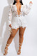 Fashion Sexy Casual Deep V Collar Lace Hollow Out Long Sleeve Shorts Sets CCY9400