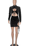 Euramerican Women Solid Color Long Sleeve Velvet Tied Crop Mini Dress WMZ0166