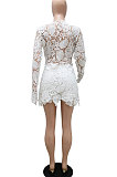 Fashion Sexy Casual Deep V Collar Lace Hollow Out Long Sleeve Shorts Sets CCY9400
