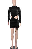 Women Sexy Long Sleeve Dew Waist Ruffle Fashion Velvet Tied Drawsting Mini Dress WMZ2691