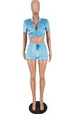 Wholesale Simple Velvet Design Embroidery Short Sleeve Zipper Crop Cardiagn Tops Skorts Plain Sport Suit HY5248