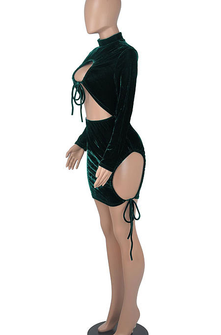 Euramerican Women Solid Color Long Sleeve Velvet Tied Crop Mini Dress WMZ0166