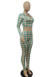 Wholesale Women Plaid Printed Long Sleeve Crop Tops Trousers Slim Fitting Suit E8633