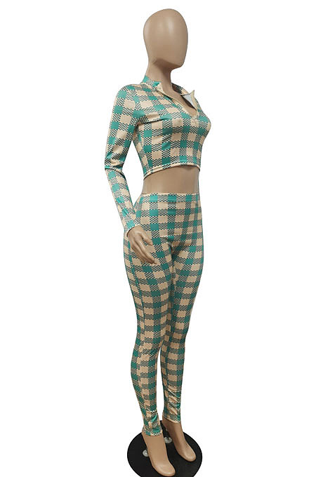 Wholesale Women Plaid Printed Long Sleeve Crop Tops Trousers Slim Fitting Suit E8633