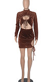 Euramerican Women Solid Color Long Sleeve Velvet Tied Crop Mini Dress WMZ0166