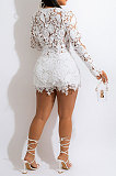 Fashion Sexy Casual Deep V Collar Lace Hollow Out Long Sleeve Shorts Sets CCY9400