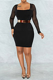 Autumn Winter Fashion Sexy Mesh Spaghetti Spliced Long Sleeve Hip Mini Dress WMZ2692