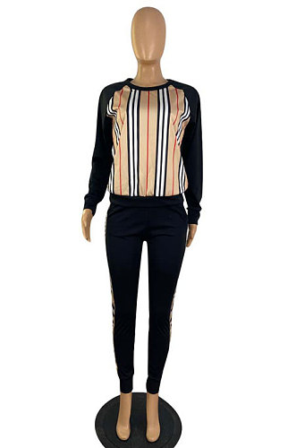 Fashion Casual Matching Color Long Sleeve Round Neck Tops Jogger Pants Suits E8635