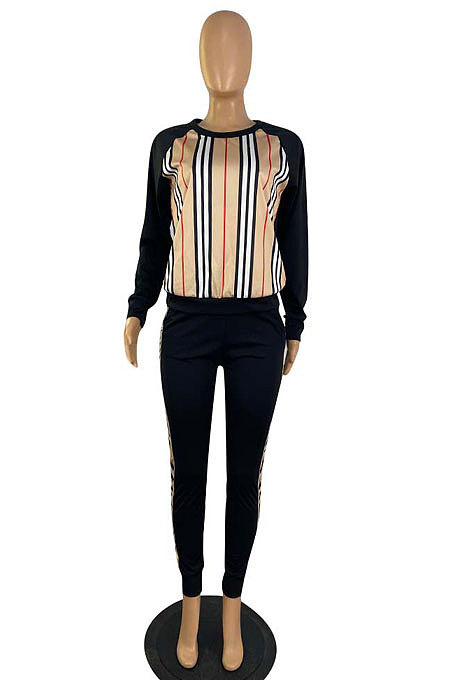 Fashion Casual Matching Color Long Sleeve Round Neck Tops Jogger Pants Suits E8635