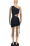 Euramerican Sexy Pure Color One Shoulder Dew Waist Drawsting Mini Dress AA5294