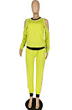 New Women Cotton Blend Nail Pearl Off Shoulder Tops Trousers Sexy Plain Suit E8639