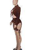 Euramerican Women Solid Color Long Sleeve Velvet Tied Crop Mini Dress WMZ0166