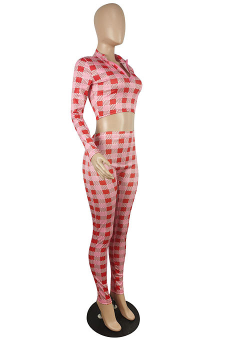 Wholesale Women Plaid Printed Long Sleeve Crop Tops Trousers Slim Fitting Suit E8633