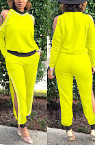 New Women Cotton Blend Nail Pearl Off Shoulder Tops Trousers Sexy Plain Suit E8639