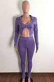 Euramerican New Ribber Long Sleeve Crop Tops Slit Trousers Plain Fashion Suit LA3299
