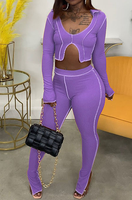 Euramerican New Ribber Long Sleeve Crop Tops Slit Trousers Plain Fashion Suit LA3299