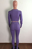 Euramerican New Ribber Long Sleeve Crop Tops Slit Trousers Plain Fashion Suit LA3299