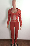Euramerican New Ribber Long Sleeve Crop Tops Slit Trousers Plain Fashion Suit LA3299