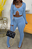 Euramerican New Ribber Long Sleeve Crop Tops Slit Trousers Plain Fashion Suit LA3299