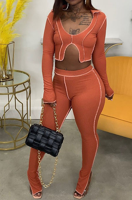 Euramerican New Ribber Long Sleeve Crop Tops Slit Trousers Plain Fashion Suit LA3299