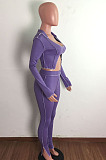 Euramerican New Ribber Long Sleeve Crop Tops Slit Trousers Plain Fashion Suit LA3299