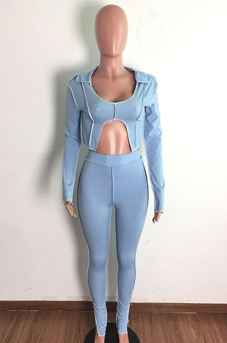 Euramerican New Ribber Long Sleeve Crop Tops Slit Trousers Plain Fashion Suit LA3299