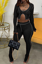 Euramerican New Ribber Long Sleeve Crop Tops Slit Trousers Plain Fashion Suit LA3299