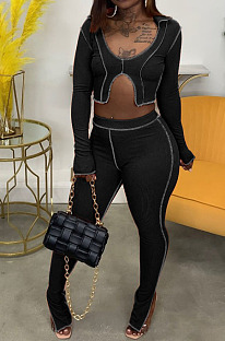 Euramerican New Ribber Long Sleeve Crop Tops Slit Trousers Plain Fashion Suit LA3299