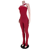 Women Sexy Club Ribber Irregular One Shoulder Solid Color Split Pants Sets GL6531