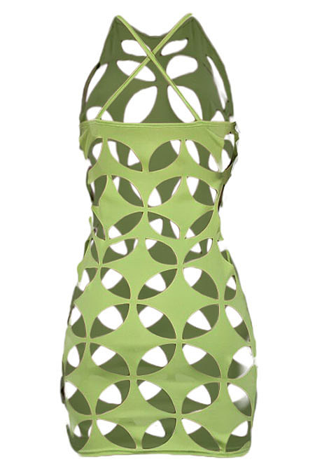 Sexy Hollow Out Halter Neck Pure Color Mini Dress BYQ3218