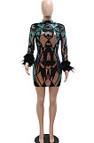Fashion Sexy Sequins Feather Backless Mini Dress CCY9424