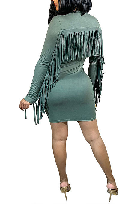 Fashion Casual Solid Color Hip Tassel Bodycon Mini Dress CCY9414