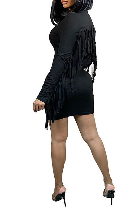 Fashion Casual Solid Color Hip Tassel Bodycon Mini Dress CCY9414