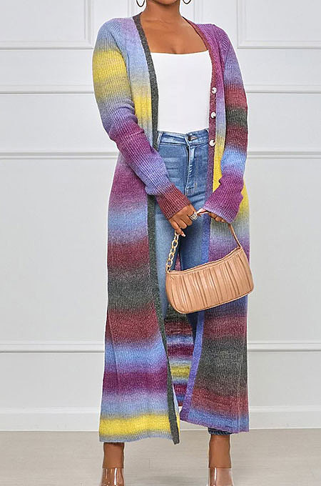 Euramerican Women Multi Stripe Ribber Cardigan Buttons Long Outerwear GL6537