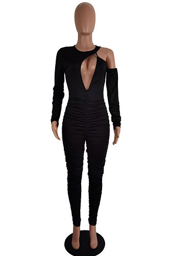 Sexy Night Club Cotton Blend Hollow Out Slim Fitting Solid Color Jumpsuits  LS6485