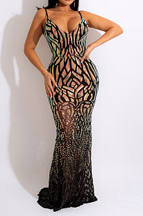Fashion Sexy Condole Belt Backless V Collar Sequins Hip Long Dress CCY9437