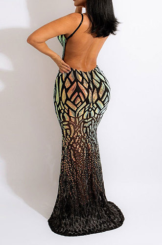 Fashion Sexy Condole Belt Backless V Collar Sequins Hip Long Dress CCY9437