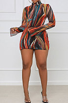 Sexy Printing Split Horn Sleeve  Half Turtle Neck High Waist Mini Dress GL6538