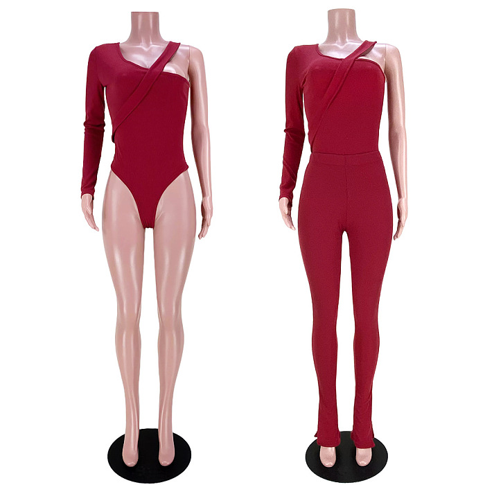 Women Sexy Club Ribber Irregular One Shoulder Solid Color Split Pants Sets GL6531