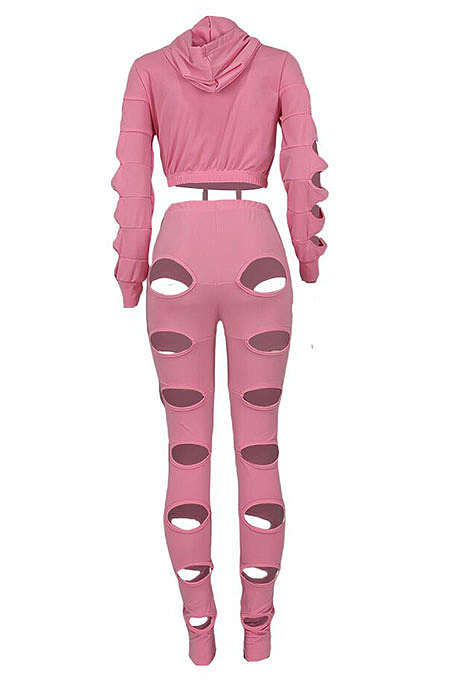 Euramerican Women Hole Dew Waist Hoodie Solid Color Bodycon Pants Sets BYQ3219