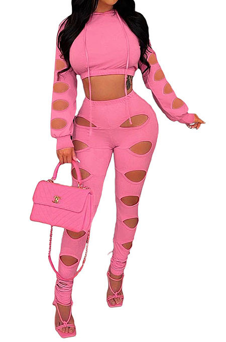 Euramerican Women Hole Dew Waist Hoodie Solid Color Bodycon Pants Sets BYQ3219