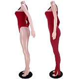 Women Sexy Club Ribber Irregular One Shoulder Solid Color Split Pants Sets GL6531