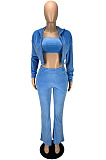 Wholesale Women Velvet Cloth Pure Color Strapless+Cardigan Zipper Coat Jogger Pants Casual Suit LYY9320