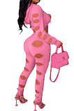 Euramerican Women Hole Dew Waist Hoodie Solid Color Bodycon Pants Sets BYQ3219
