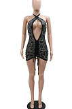 Euramerican Women Fashion Hollow Out Halter Neck Drawsting Perspectivity Hip Mini Dress CCY9430